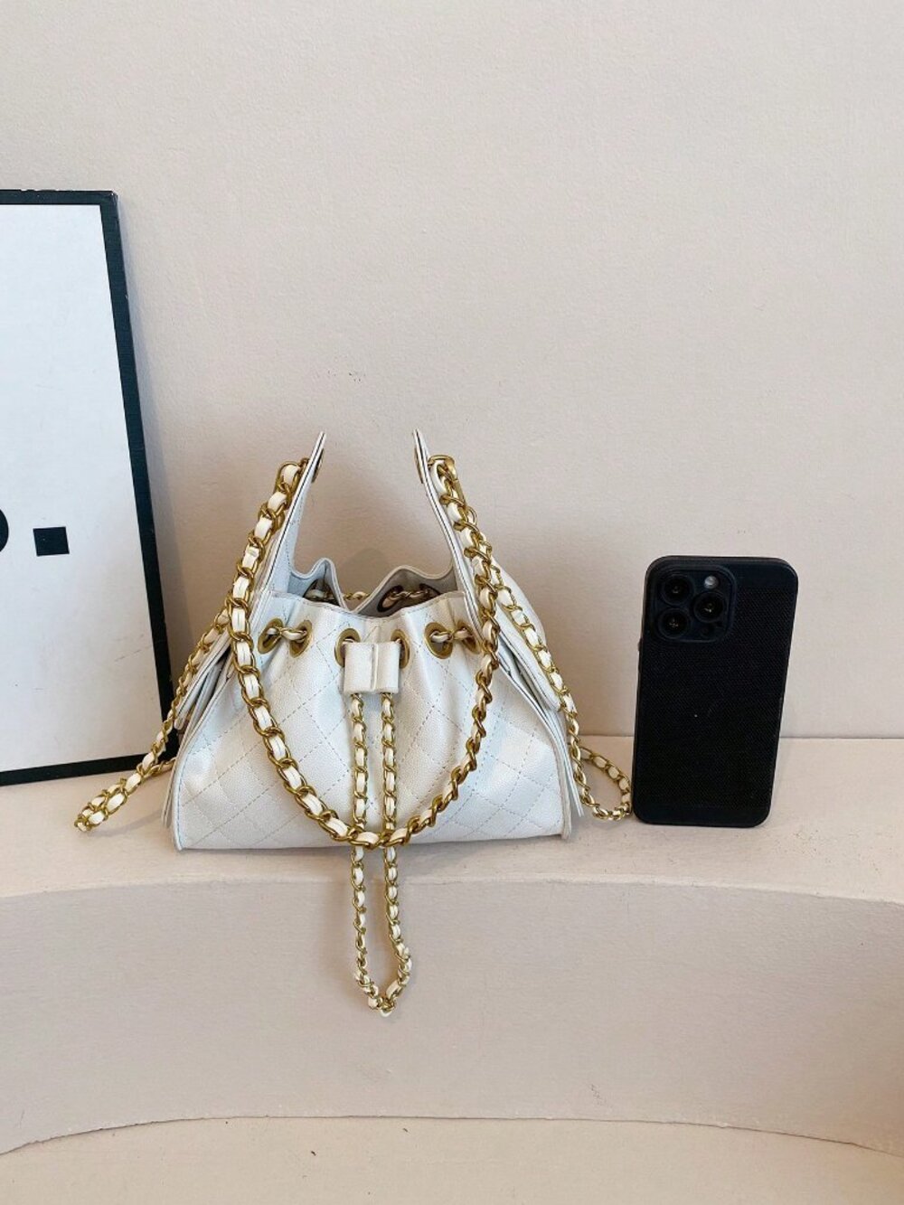 White Casual Women's Rhombus Embroidery Small Square Dual Chain Crossbody Bag - Picture 7 of 8